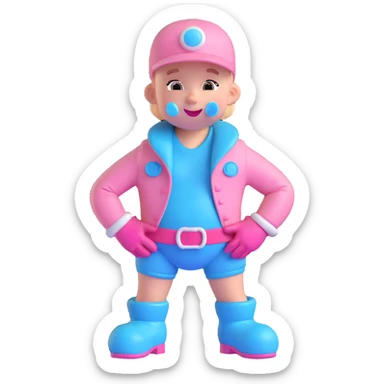 3D cartoon pacifier character, adult version, hands on hips, smirking mischievously, gloved hands, shoes, baby blue and pink color scheme, transparent background. sticker