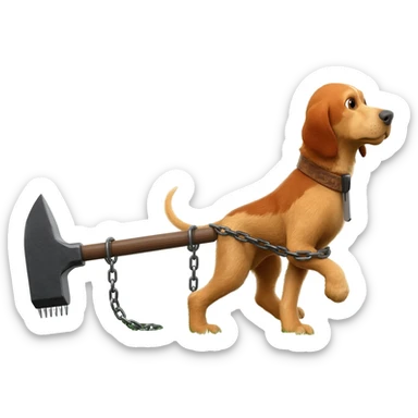 Pack hound pulling an anvil with a electric shaver trimming a path along green grass by leads or chains sticker