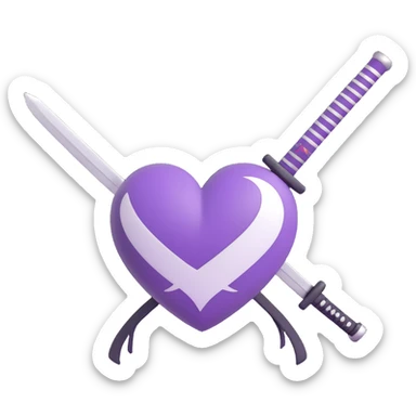 purple and white heart with a katana sword piercing through the center, 3D emoji style sticker