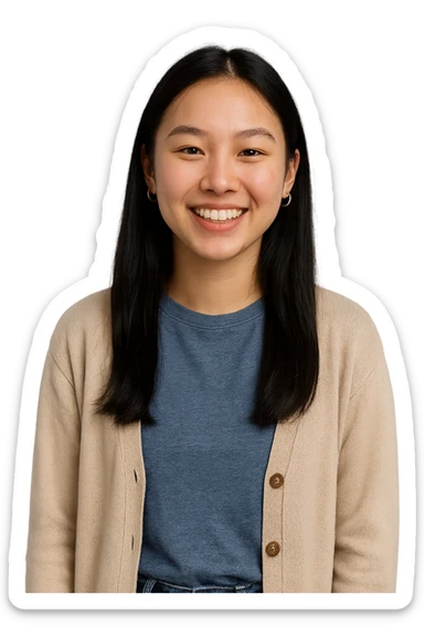 18-year-old Asian Finnish woman, smiling expression, modern casual style, clear facial features, no background sticker