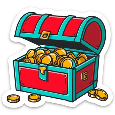 A vibrant red RPG treasure chest with gold coins spilling out sticker