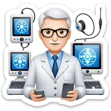 Senior IT Specialist with multiple high-tech devices, confident expression, showing leadership, advanced technical expertise sticker