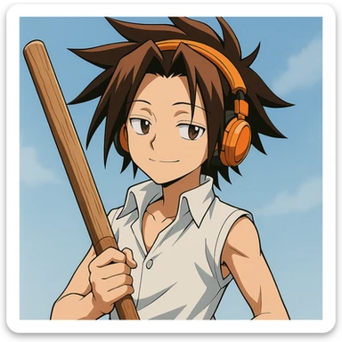 Yoh Asakura, relaxed expression, spiky brown hair, orange headphones, holding a wooden sword, anime style sticker