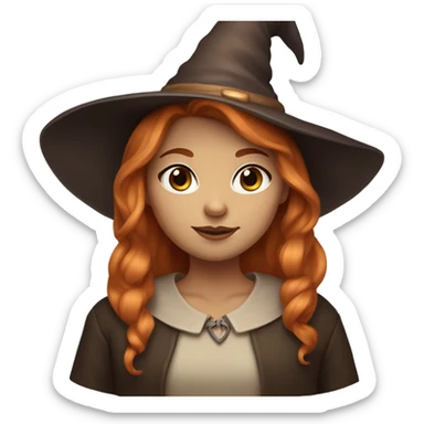 Girl with copper-colored hair, a witch's hat, brown eyes, a small nose and normal-shaped lips, her skin color is light but not white sticker