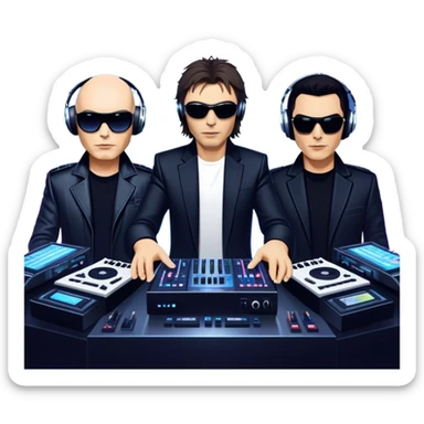 Icon for Electronic Music: Jean-Michel Jarre, Moby, DJ Tiesto, and Jorn van Deynhoven performing with synthesizers, turntables, and futuristic lighting effects. The design should evoke the vibrant and immersive atmosphere of electronic music festivals. Transparent background. sticker