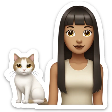 Dark brown haired girl with olive skin with straight across bangs and long hair holding a white cat  sticker