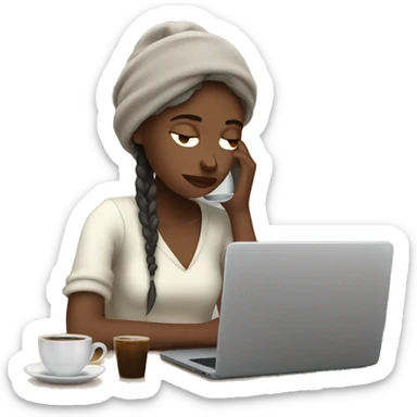 tired french girl with laptop drinking a lot of coffee sticker