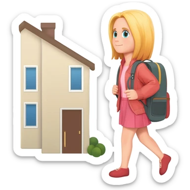 haz una chica rubia saliendo de su casa con mochila sticker