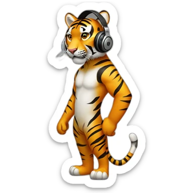 tiger standing on 2 feet wearing headphones sticker