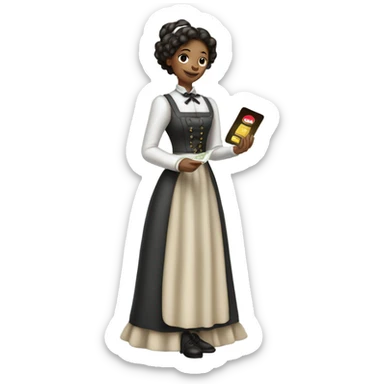 galora waitress Victorian dress elegant full body, holding big credit card sticker