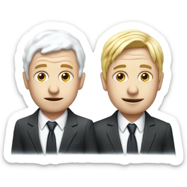 Two white men covered in yogurt wearing suits with yogurt on their head and on their clothes sticker