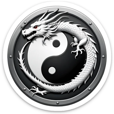 An icon symbolizing Eastern martial arts in the style of an emblem, featuring a black-and-white Yin-Yang symbol and a dragon at the center, surrounded by elements like a dojo. Transparent background highlights balance and power. sticker