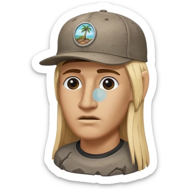 Easter island head rock with long blonde hair and a backwards baseball cap sticker