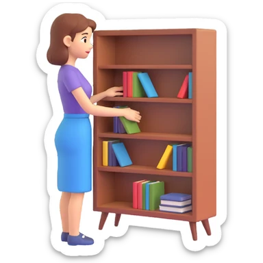 a sad woman looking at a small bookcase sticker