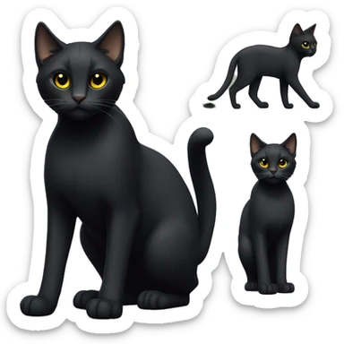 One petite, solid sleek black furred cat. Light yellow eyes. Pointed ear tufts like a lynx cat. Fully body black and no other color markings. Facing forward and standing with ears slightly tilted. sticker