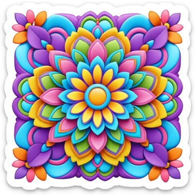 Create a 3D ultra detailed psychedelic colored square shaped hippie style flower border sticker