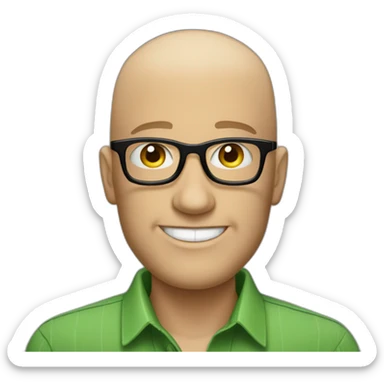 smiling white man with a big nose, shaved head in rectangular black glasses and green button up shirt sticker