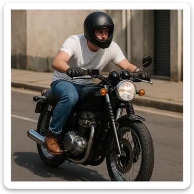 A motorcycle rider in maong pants and a white shirt. sticker