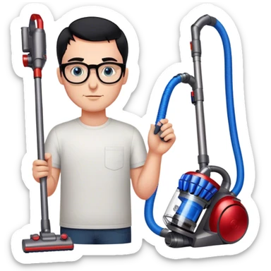 Man with black hair and blue eyes with glasses using Dyson gen5  with 2 red cats sticker