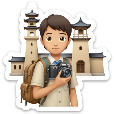 Japanese high school boy with camera and backpack during school field trip at historical site sticker