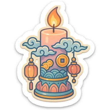 burning candle in eastern style with decor (patterns, clouds, coins, lanterns), retro-stickers style, thin clean outlines, soft rounded shapes, detailed drawing with shadows and highlights, pastel palette #98B5BC, #B5B3C1, #C9A3C9, #E4C0CA, #F7DCD1, #F7C0AA, modern Japanese pop art, soft lighting, transparent background sticker