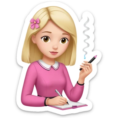 girl taking notes in pink thones and smell a fragance sticker