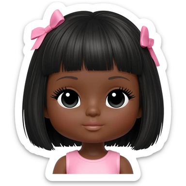 bimbo Doll with darkbrown skin with mid length black hair with pink bows, lashes, cute lips sticker