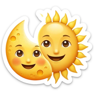 a really bright  big sun and a small moon who shines because of it. the sun is bigger and the tiny \moon bright too beside it smiling looking at each other sticker