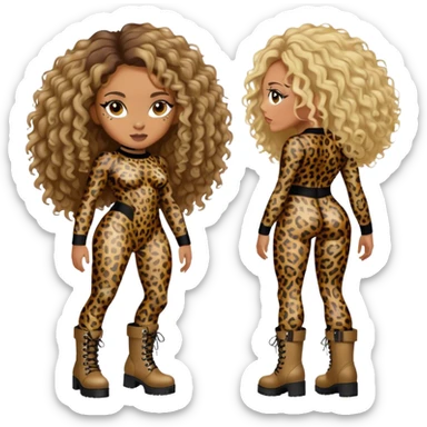 Melanie Brown with brown curls and blonde highlights wearing a tight leopard print two piece bodysuit and combat boots sticker