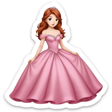 Cinematic Majestic Sleeping Beauty Portrait Emoji, rendered in a clean, vector-style with bold, simplified shapes. Show Aurora with a serene, noble expression, luminous porcelain skin, and elegantly flowing auburn hair, dressed in an opulent pink ball gown. The design radiates a majestic, enchanted glow with high shine and a soft glowing outline, embodying classic royal elegance. sticker
