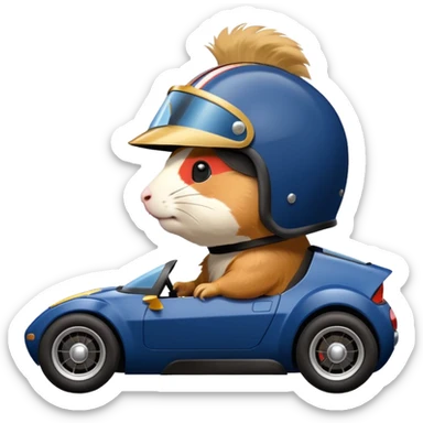 Side view of Midnight blue Local Motors Rally Fighter driven by a Guinea pig  sticker