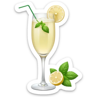 French 75 cocktail with subtle elderflower color with one of each mint and basil leaf for garnish sticker