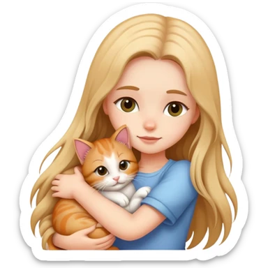 A girl with long hair tightly hugged a kitten sticker