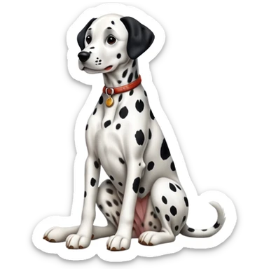cinematic-[dalmatian dog]-realistic-full-body-sitting-emoji,-tail-resting-loosely-beside-its-paws,-head-tilted-dramatically,-sleek-[spotted]-fur,-simplified-yet-realistic-focused-features,-highly-detailed,-glowing-with-an-almost-sarcastic-glow sticker