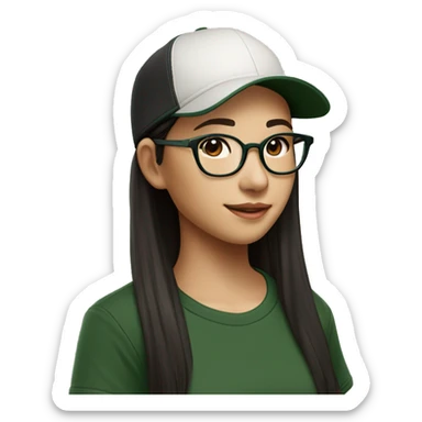 Hyper realistic, look from side, asian girl, light white skin, smiling with teeth, black eyes, spotted frame glasses, long brown straight hair with highlighted strands, black T-shirt, dark green cap. sticker
