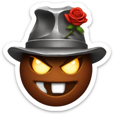 angry face made from hot molten iron with a rose as a hat sticker
