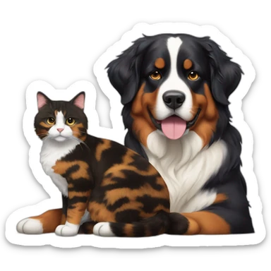 A Bernese dog next to A tortoiseshell cat without white sticker