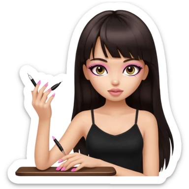 generate a pretty bratz girl in black cami top, dark brown straight long hair with bangs, eyeliner on, getting her nails done sticker