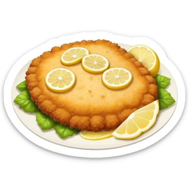 Cinematic Realistic Veal Schnitzel Dish Emoji, depicted as a golden, breaded veal cutlet served with lemon rendered with crisp textures and inviting, natural lighting. sticker