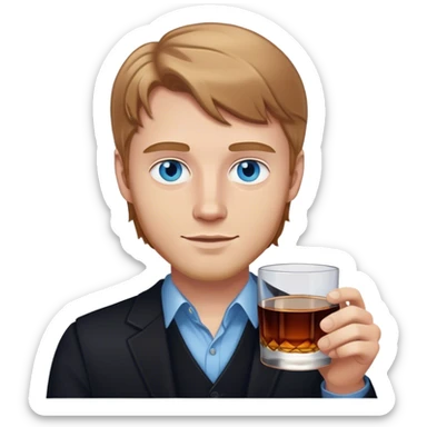 white guy light brown hair blue eyes wearing black holding whiskey sticker