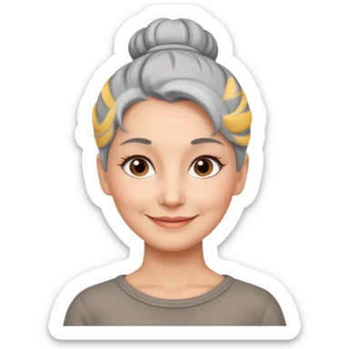 50 y.o. woman grey hair, subtle smile, hair in a bun  sticker