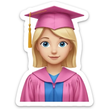 blonde hair, blue eyes, girl in pink grad cap and gown, standing, proud pose sticker