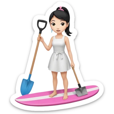 Princess who wearing white dress (woman) black ponytail hair holding her cellphone and  one garden shovel with another hand. She is standing on her feet, there is one pink surfing board. sticker