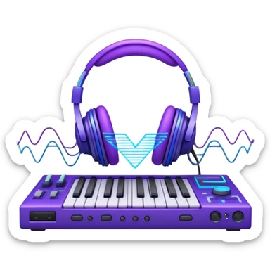 Create a creative and technical emoji that represents sound design. The design should feature a soundwave, a pair of studio headphones, and an audio synthesizer or soundboard to symbolize the manipulation and creation of unique soundscapes. Add subtle elements like audio cables, a mixing console, or a waveform to reflect the technical aspect of sound design. Use vibrant, futuristic colors like neon blue, purple, and green to represent innovation and creativity in sound. The background should be transparent. sticker