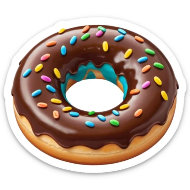 A glossy chocolate-glazed donut emoji with colorful sprinkles, rendered in a bright, clean, 3D cartoon style. Soft lighting, smooth texture, vibrant colors, and a playful, appetizing look. sticker