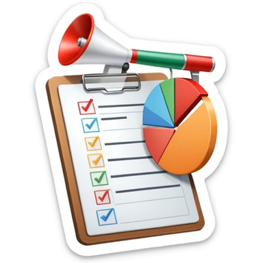 An icon featuring a pie chart, a clipboard with a checklist, and a megaphone, symbolizing management and marketing. The design includes upward-trending graphs and a target with an arrow, representing strategy and success. Transparent background highlights business organization and promotion. sticker