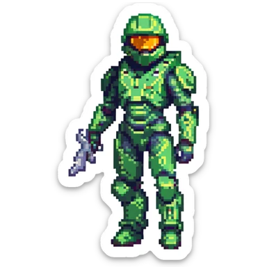 Master Chief from the Halo video games, full armor, helmet, iconic green color, sci-fi soldier, detailed, dynamic pose, pixel art style sticker