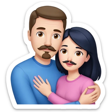 Tall white man with brown mustache goatee wearing blue hugged by a short pale woman with long black hair wearing pink sticker