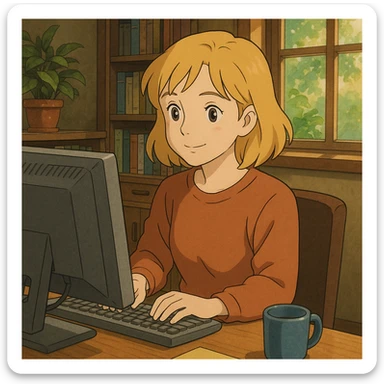 brown-eyed blonde young woman working on a computer in a cozy office sticker