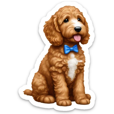 Red goldendoodle puppy white nose and chest blue bow in ear  sticker